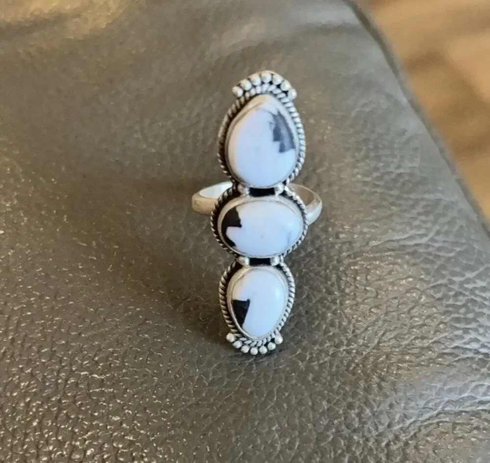 Turquoise White Buffalo Three Stone Southwestern Sterling Silver Ring sz 6-9